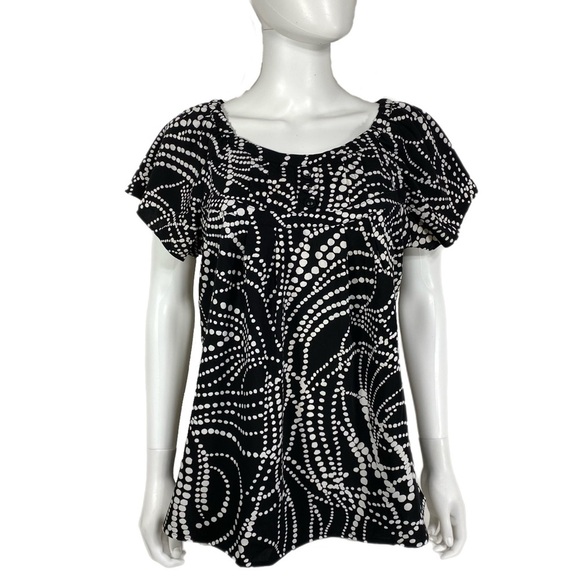 Fred David Stretch Black White Swirled Dot Print Flutter Sleeve Blouse - Picture 1 of 6